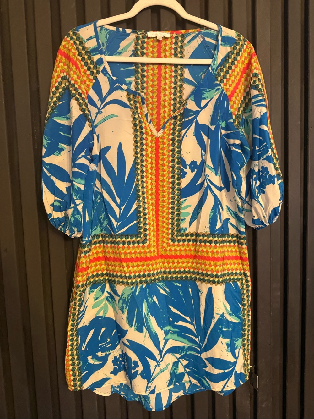 glam Blue & Yellow Tropical Print Tunic dress